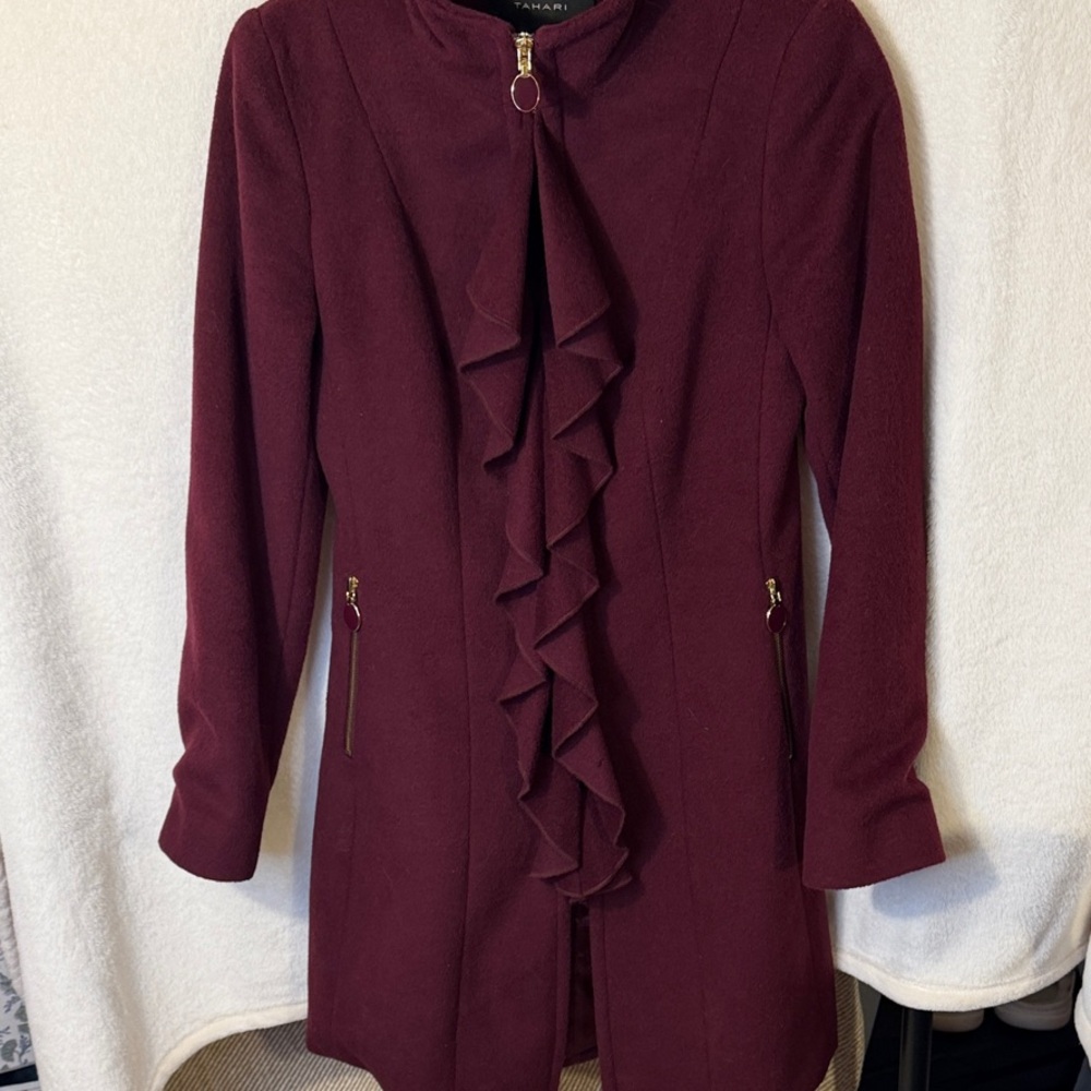 Tahari Burgundy Ruffle Trench Coat